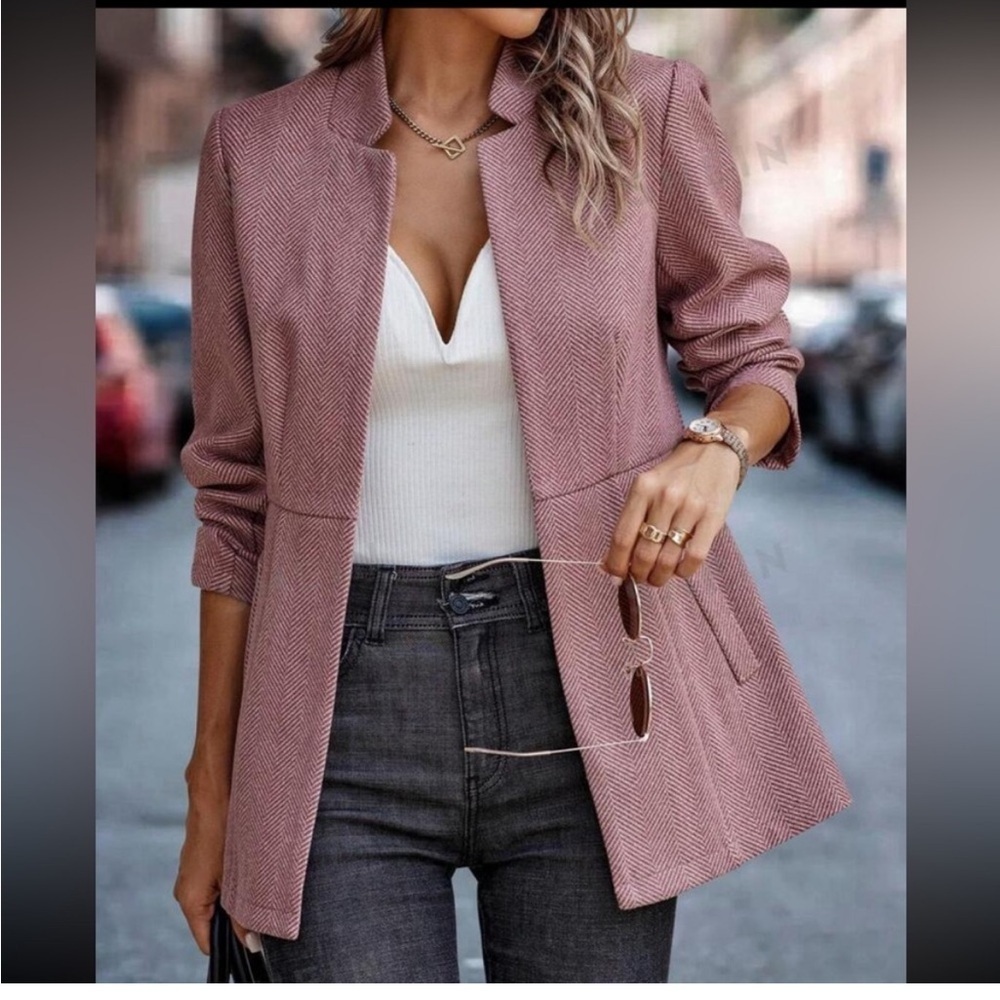 Shein Clasi mauve herringbone unlined open front Blazer Jacket Medium